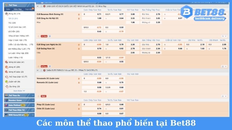 Các môn thể thao phổ biến tại Bet88